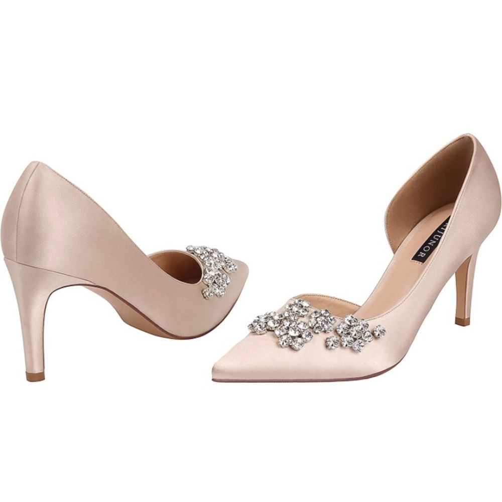 NEW SATIN RHINESTONE STILETTOS, beige US:9